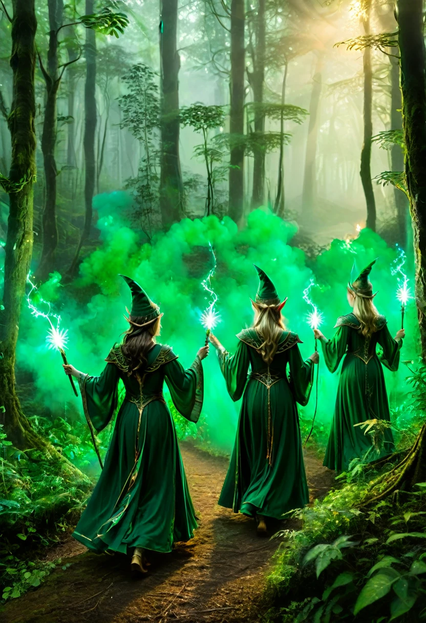The style is fantastical, with pointed eared elves dressed in emerald green robes and holding glowing wands as they move through the forest. The background is a forest shrouded in mist, with light shining through the bushes, illuminating the elves' figures. Surrounded by fireflies, the shot is in mid range