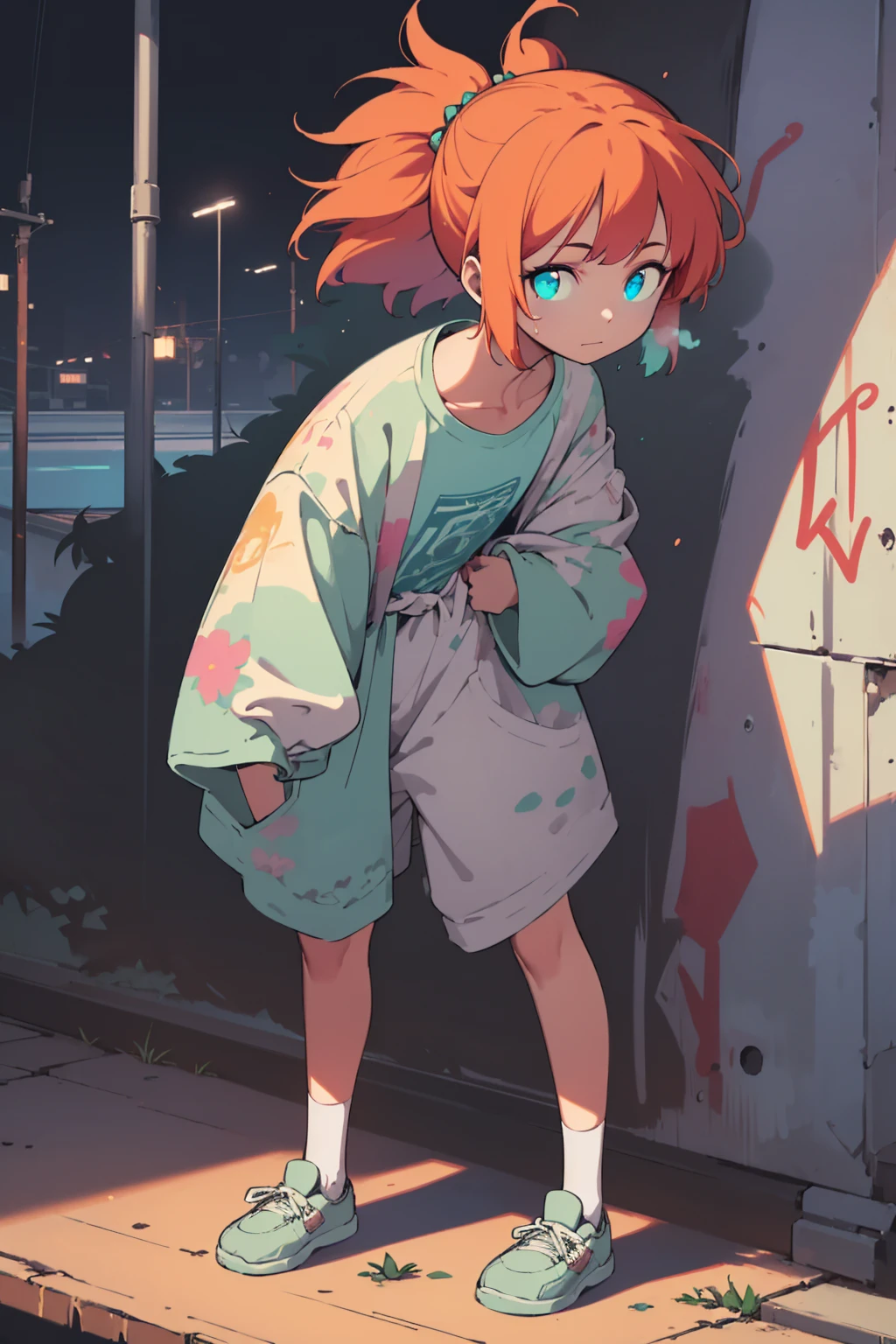 ((long shot, full body: 1.6)), purple: 1.5, orange: 1.1, green: 1.3, White: 1.3, yellow: 1.3, (rapper girl with scary hair, highly detailed eyes and body and beautiful baggy and baggy clothes :1.6), tattoos, (walls with Graffiti: 1.2), flower, Leaves, born in the mist, lines, leaning on the wall with a spray paint in her hand, action pose, 32K.