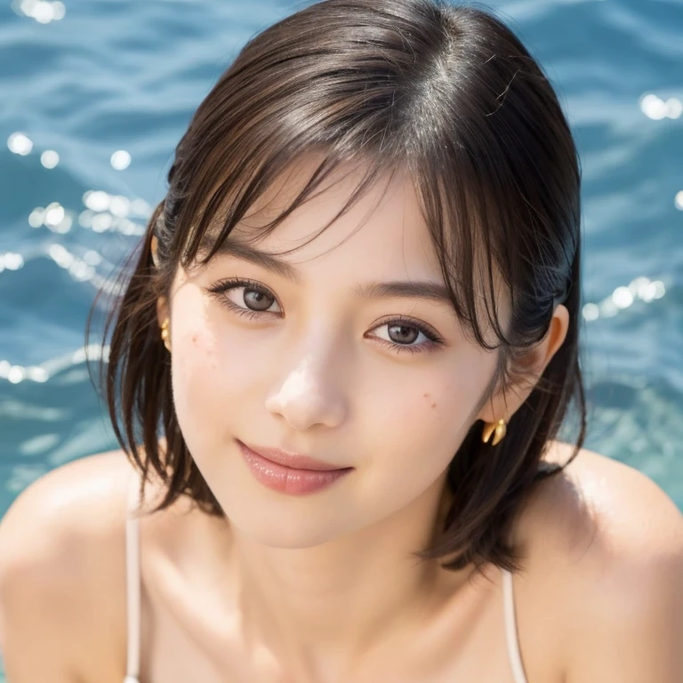 1 girl、(Close-up of face from above:1.4) 、(forward leaning posture:1.2)、Pixie Cut、Showing his forehead、Beautiful face exposed、Watching the audience、Smiling、Plain blue bikini、非常にDetailed eyesと顔, Detailed nose, Detailed eyes, Shiny skin, masterpiece, Ultra-high resolution, 8k, RAW Photo, highest quality, Detailed Shadows, wonderful, Fine details, (Bokeh: 0.5), Beautiful lighting on the face, blue sky
