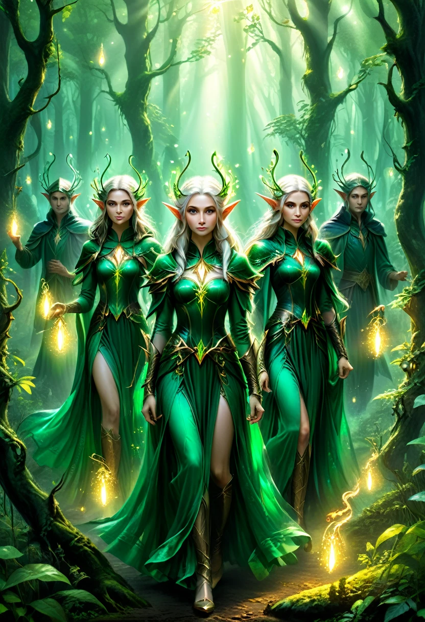 The style is fantastical, with pointed eared elves dressed in emerald robes, they move through the forest. The background is a forest shrouded in mist, with light shining through the bushes, illuminating the elves' figures. Surrounded by fireflies, the shot is in mid range