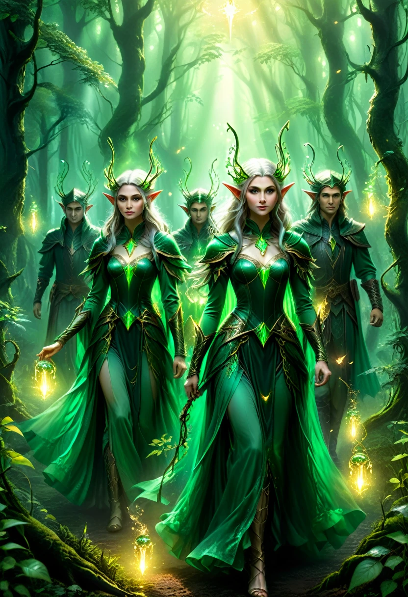 The style is fantastical, with pointed eared elves dressed in emerald robes, they move through the forest. The background is a forest shrouded in mist, with light shining through the bushes, illuminating the elves' figures. Surrounded by fireflies, the shot is in mid range