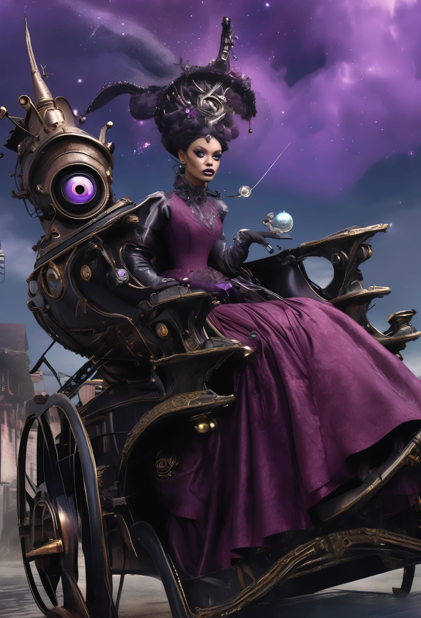An Alien princess with textured rubber skin and burgundy silk dress riding a mechanical Cinderella's carriage, suburban  enviroment with industrial look, evil within life spirit on the sky, palette with black, gray and purples.