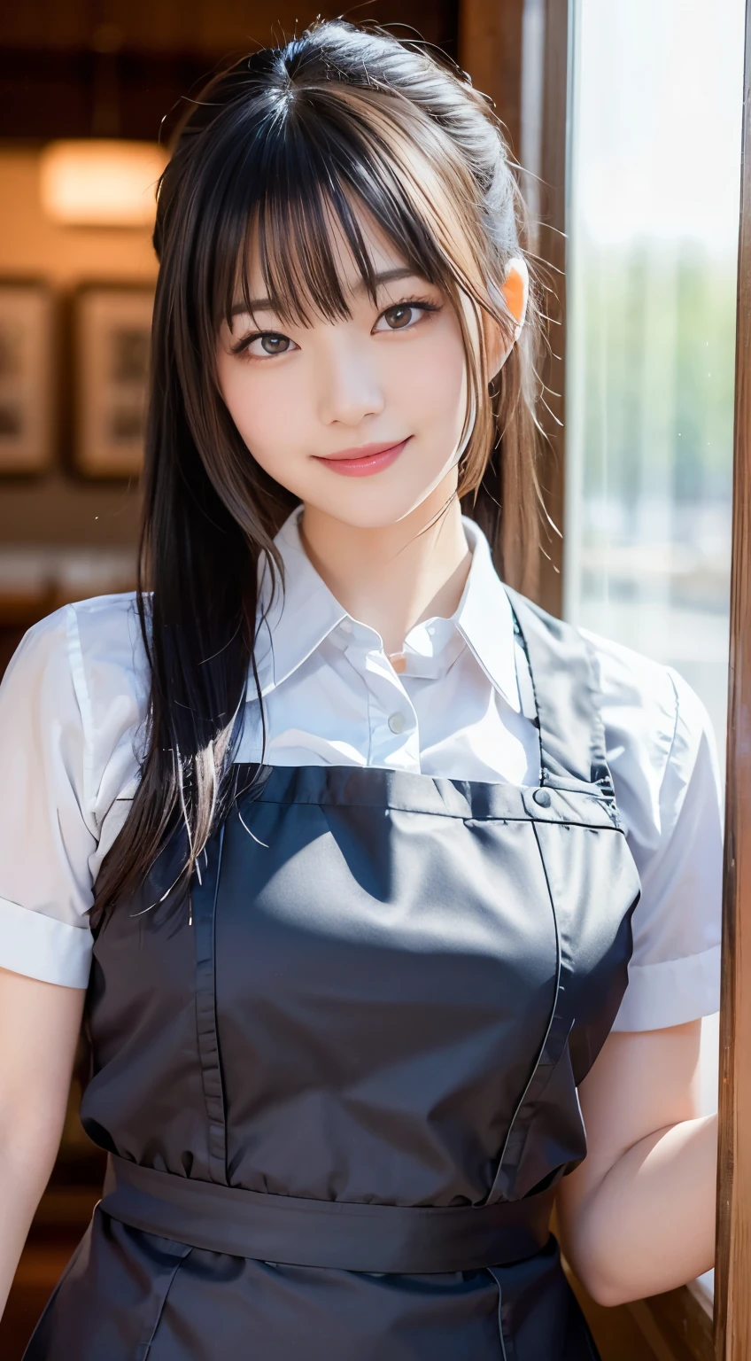 (highest quality,masterpiece:1.3,Ultra-high resolution,),(Very detailed,Caustics),(Photorealistic:1.4,RAW shooting,)Ultra-Realistic Capture,Very detailed,High resolution 16K human skin closeup。 Natural skin texture、,Pores、、、、It must be detailed enough to be easily identifiable。 Skin tone is even and healthy looking。 Use natural light and color,restaurant,Waitress Uniform,1 girl,Japanese,18-year-old,cute,Black-haired,ponytail,Big Breasts,smile,Turn your body forward,(Front view:1.1),Looking at the camera,Cowboy Shot,