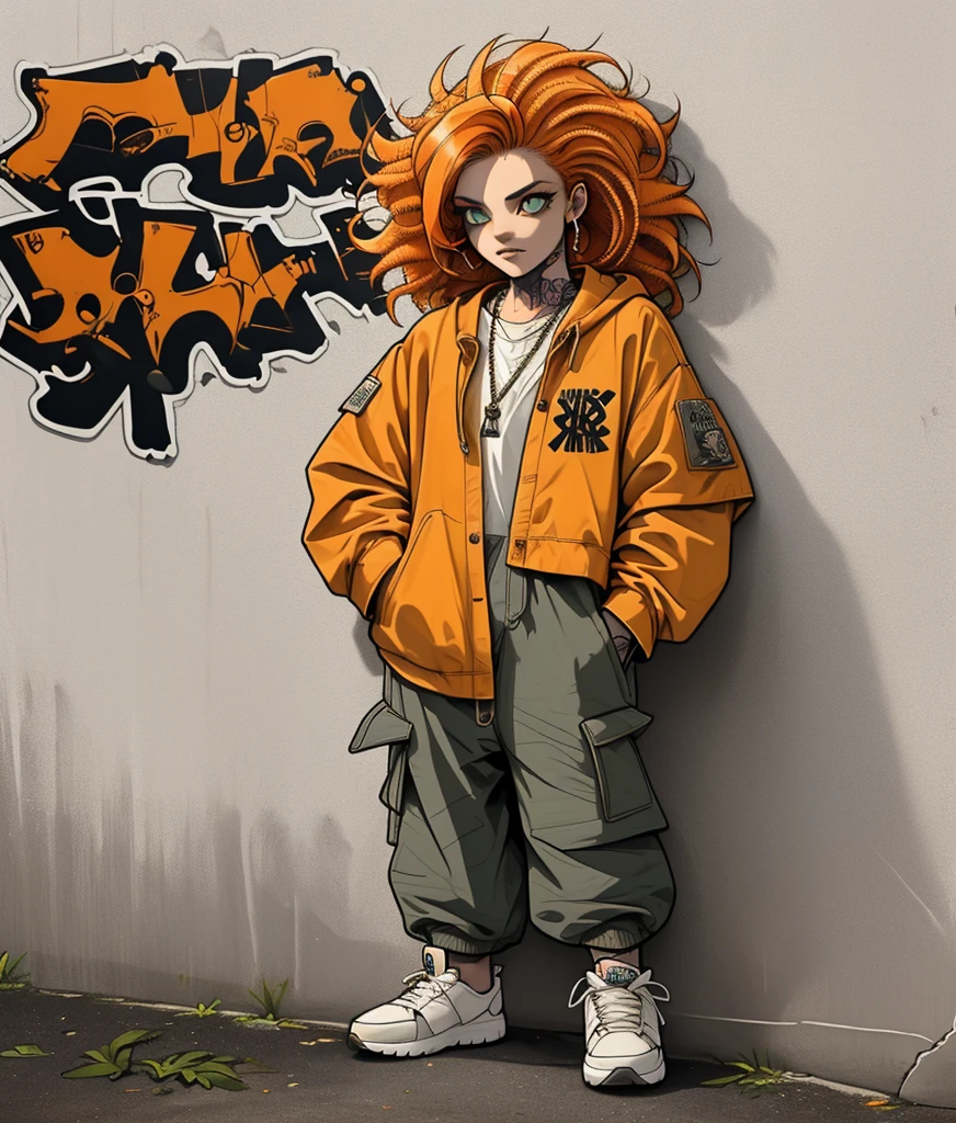 ((long shot, full body: 1.6)), purple: 1.5, orange: 1.1, green: 1.3, White: 1.3, yellow: 1.3, (rapper girl with scary hair, highly detailed eyes and body and beautiful baggy and baggy clothes :1.6), tattoos, (walls with Graffiti: 1.2), flower, Leaves, born in the mist, lines, leaning on the wall with a spray paint in her hand, action pose, 32K.
