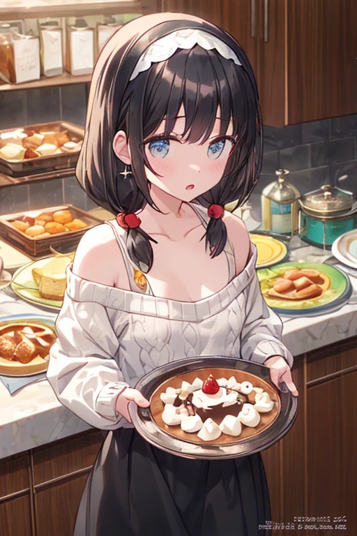 (small breasts:1.3), (perky chest:1.1), (pointed chest:1.0), (Pudding cake magazine cover:1.3),(from above:1.0),(from side:0.9),masterpiece, 1girl, Amazing Cleavage:1.1, thin waist, big ass, Raised sexy, small breast: 1.3, posed cleavage:1.2、solo, looking at viewer, open mouth, have a cute grass of cute beergrass,black hair, dark green eyes, dress, bare shoulders, jewelry, collarbone, sidelocks, hairband, earrings, indoors, off shoulder, :o, sweater, arms behind back, plant, short hair with long locks, gild hairband, off-shoulder dress, sweater dress, off-shoulder sweater, red sweater, dark gord hair, big side hair, very long side hair,is rendered in (masterpiece: 1.2, best quality), with (ultra high resolution) and an exquisite (depth of field). This masterpiece is not only visually stunning but also tells,A scene of cooking in the kitchen by classroom