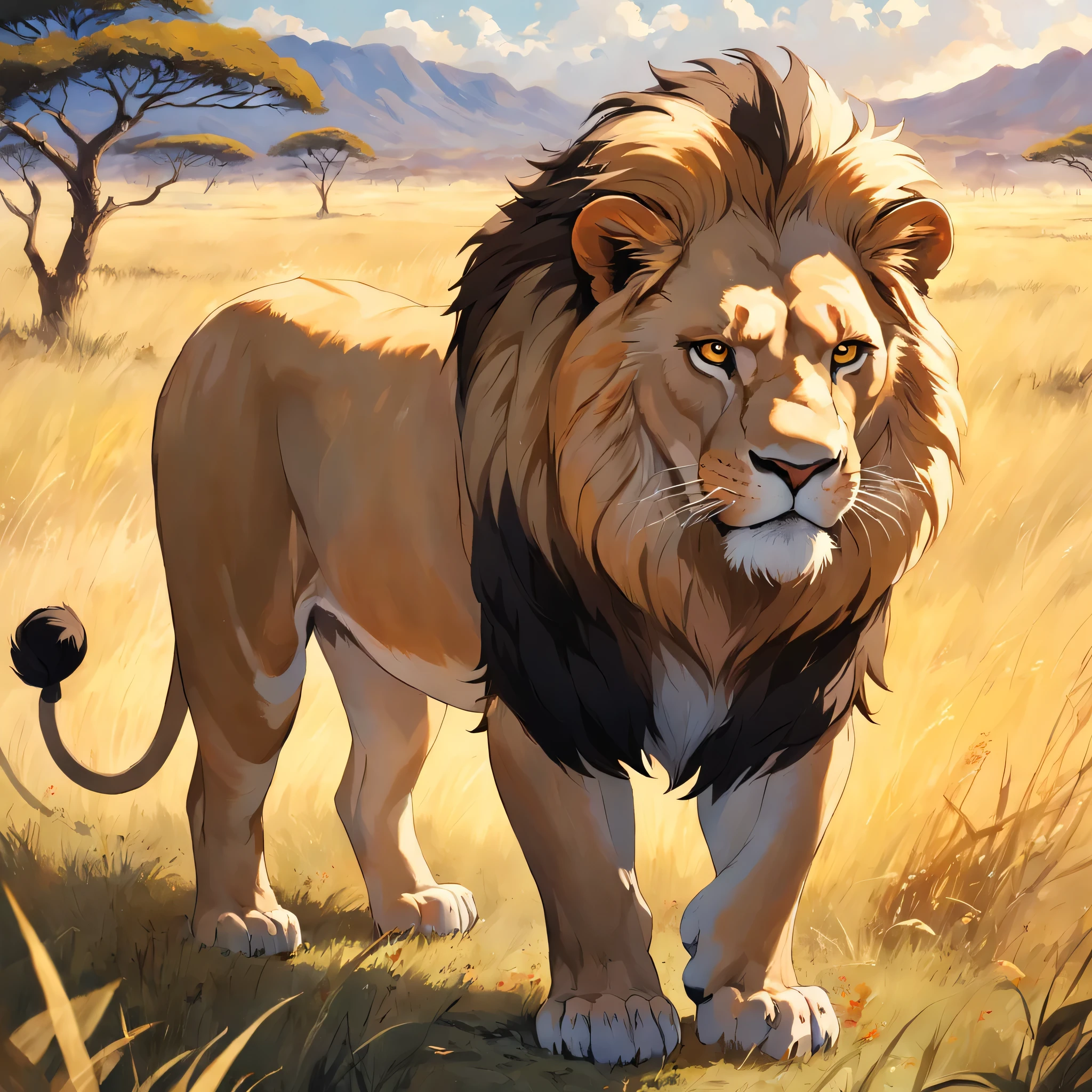 A majestic lion looking from above, His fierce and threatening expression conveys power and dominance. Seu olhar vermelho intenso penetra o horizonte, refletindo a aura de perigo que ele representa. O pelo dourado brilha sob a luz do sol, enhancing its magnificence. The surrounding landscape is a vast and open savannah, with the grass swaying gently in the wind. The atmosphere is one of tension and respect in the face of the grandeur of the king of the jungle, acrylic painting, tela, --ar 16:9 --v 5