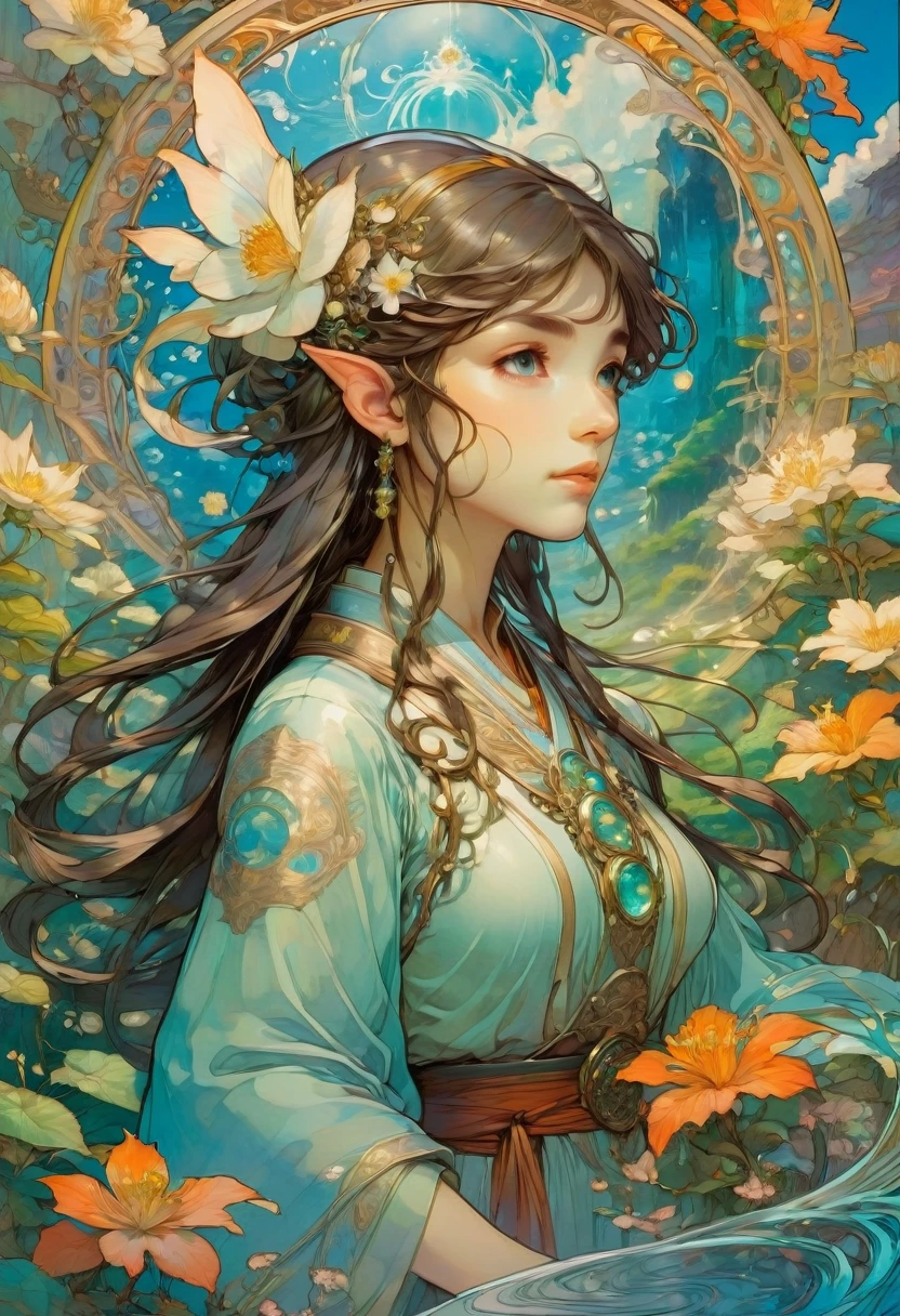 Elf, by Studio Ghibli and Alphonse Mucha, best quality, masterpiece, very aesthetic, perfect composition, intricate details, ultra-detailed