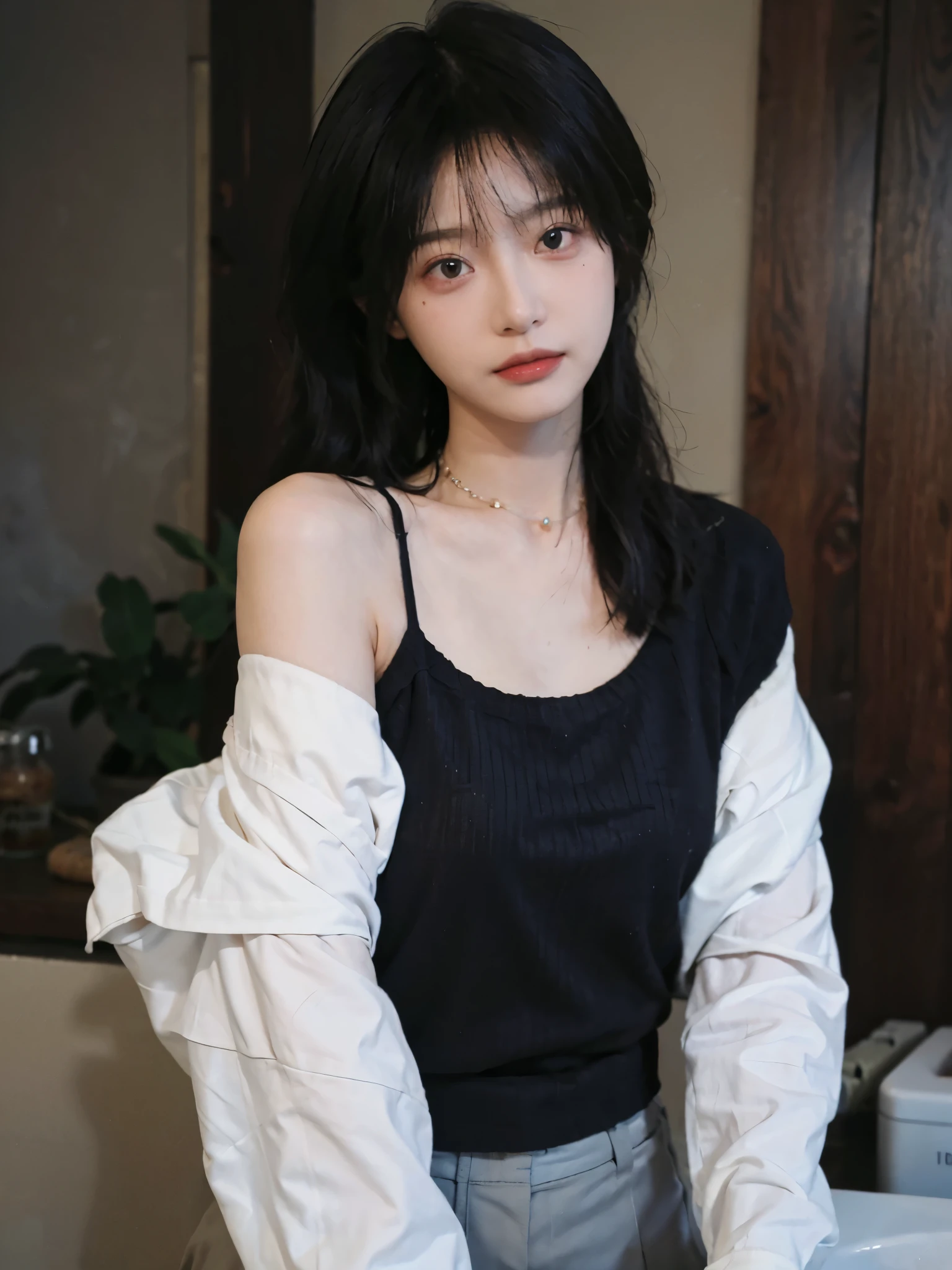 best qualtiy, Ultra-high resolution, (realisticlying:1.4),cute hairpin,1girll,,Cropped black sweater ,Beautiful woman with a slim figure:1.4, Abs:1.1, bathroom,Ultra-fine face,Elaborate Eyes,double eyelid,choker necklace