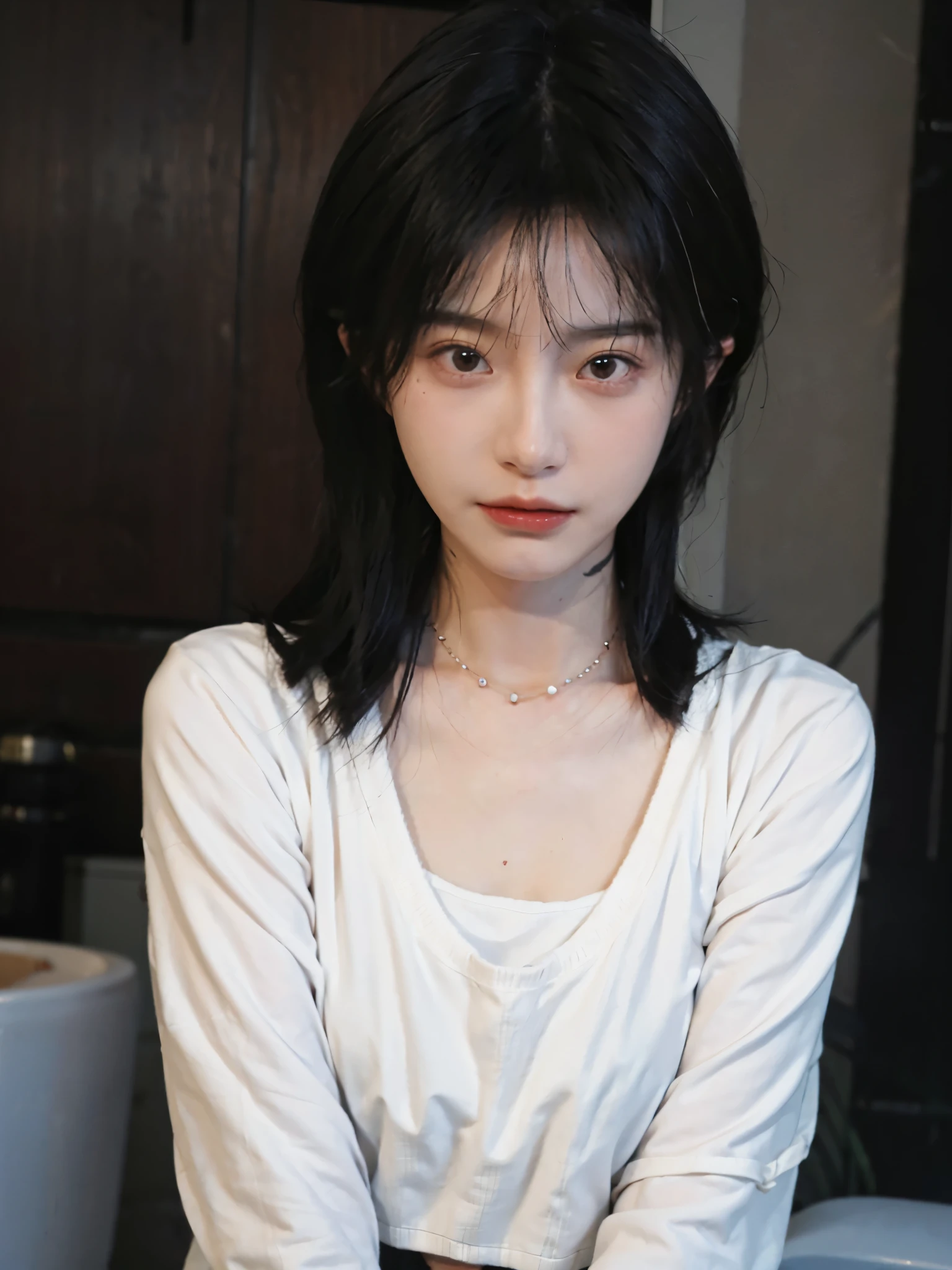 best qualtiy, Ultra-high resolution, (realisticlying:1.4),cute hairpin,1girll,,Cropped black sweater ,Beautiful woman with a slim figure:1.4, Abs:1.1, bathroom,Ultra-fine face,Elaborate Eyes,double eyelid,choker necklace