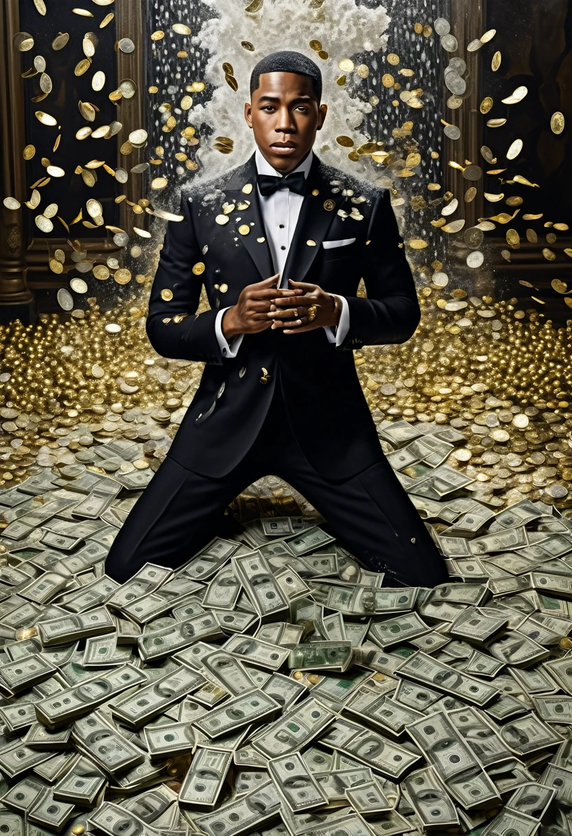 Uma pintura detalhada de um homem negro forte de terno, surrounded by a flood of dollar bills and gold coins, white smoke flying in front (((muito fumo)))