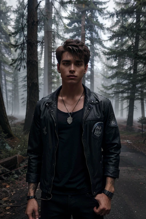 Nathan Keyes, Kevin Levin, Teen Wolf, 20 years old, short messy blonde brown hair, brown eyes, dark blue t-shirt, dark black jean jacket with police print, dark black jean pants, black combat boots. silver pendant, white wolf print. Forest background with fog aura around black color.