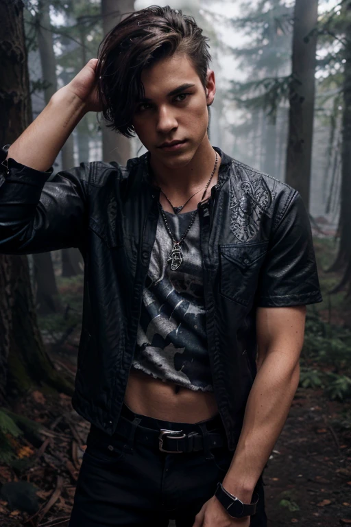 Nathan Keyes, Kevin Levin, Wolf, 20 years old, short messy blonde brown hair, brown eyes, dark blue t-shirt, dark black jean jacket with police print, dark black jean pants, black combat boots. silver pendant, white wolf print. Forest background with fog aura around black color.