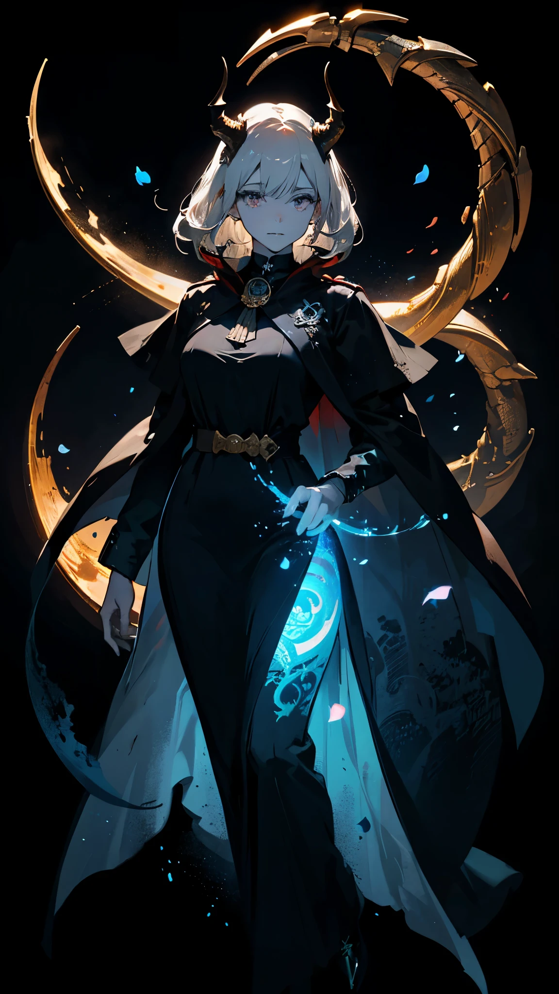 Seven Rhaeyar (Deylta), Ancient Star goddess, Perfect female anatomy (Royal, Adult Female, 166cm in height, pale skin, slim, slender, 34D breast size, She has long Black Hair, Her eyes are gray, a set of black colored horns on her head), Neutral facial expression, Elegant black uniform dress, female choker accessory, dragon motifs, silver and rope accessories, Simple Black Background, receiving light from the front, Ethereal glow, Blue rose petals