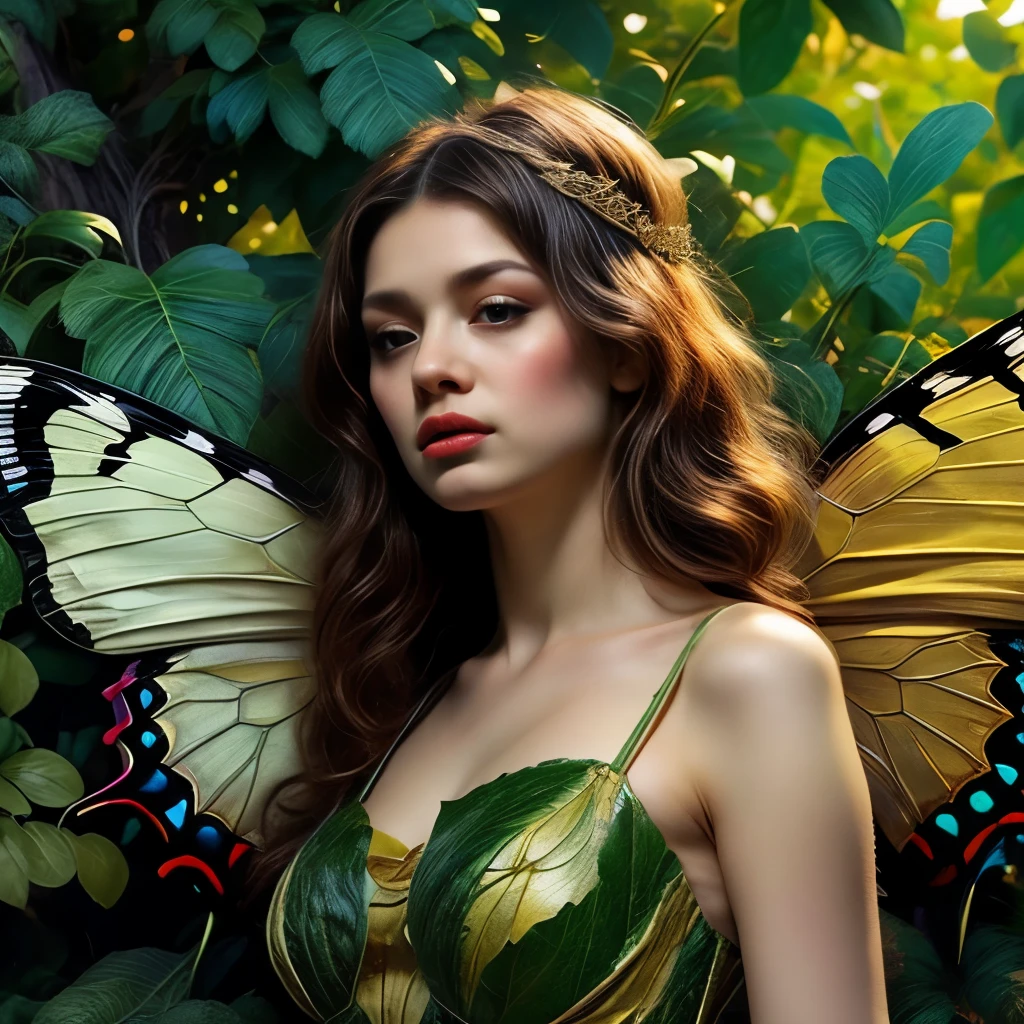 high quality、8k、Realistic、masterpiece、Very detailed、Cinema Lighting、dramatic、ether、elegant、Titania, Graceful fairy queen、Very proud、Dignity、style、Amazingly beautiful、((Big butterfly wings))、Ideal ratio、Intricate details、Fantasy、Mysterious、loose fitting dress、Ornate headdress、Shining Aura、Calm expression、Bright colors、Chiaroscuro lighting、(Lush leaf background:1.6)