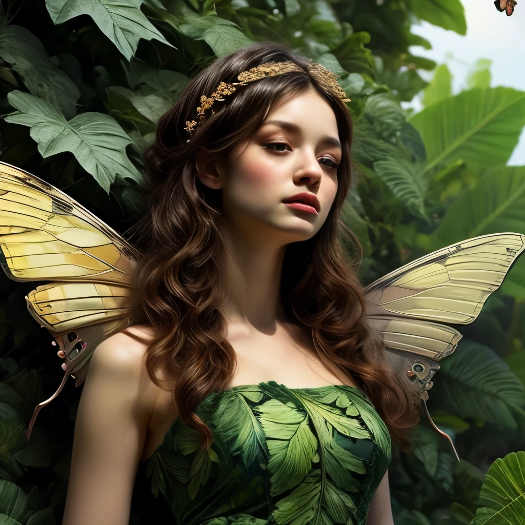 high quality、8k、Realistic、masterpiece、Very detailed、Cinema Lighting、dramatic、ether、elegant、Titania, Graceful fairy queen、Very proud、Dignity、style、Amazingly beautiful、((Big butterfly wings))、Ideal ratio、Intricate details、Fantasy、Mysterious、loose fitting dress、Ornate headdress、Shining Aura、Calm expression、Bright colors、Chiaroscuro lighting、(Lush leaf background:1.6)