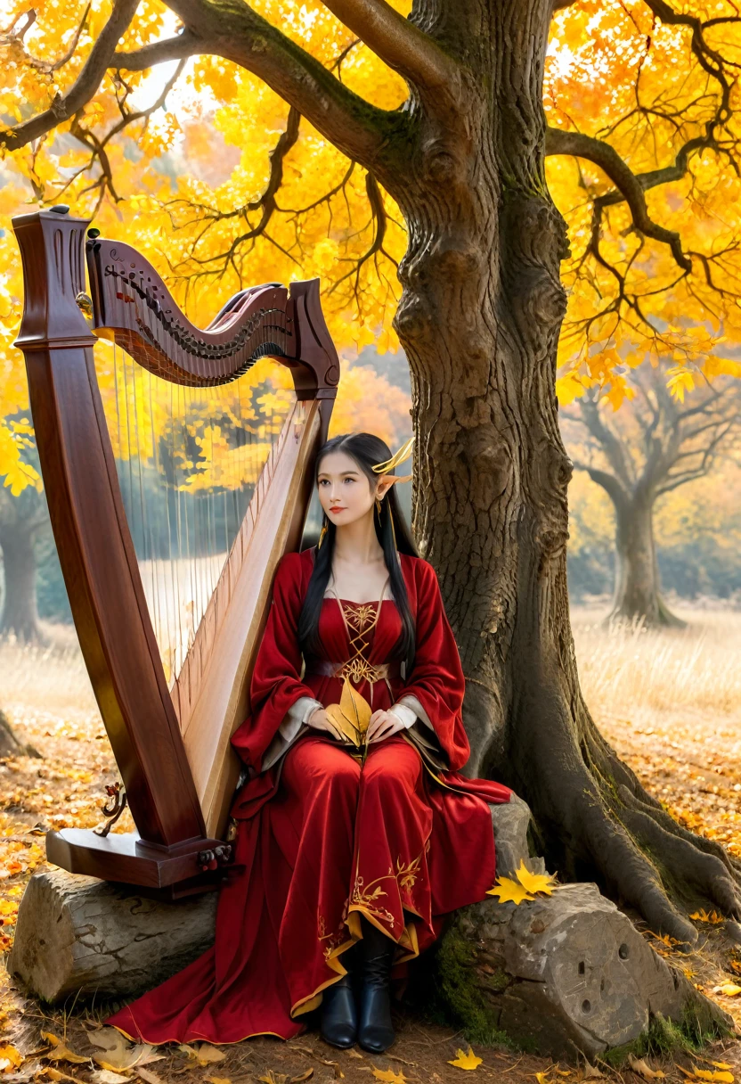 The style is naturalism, with a pointed eared elf sitting under an ancient oak tree. She is dressed in a deep red robe, gently plucking the wooden harp with both hands. The golden autumn leaves slowly fall to the rhythm of the music, with a golden autumn forest in the background and a medium shot