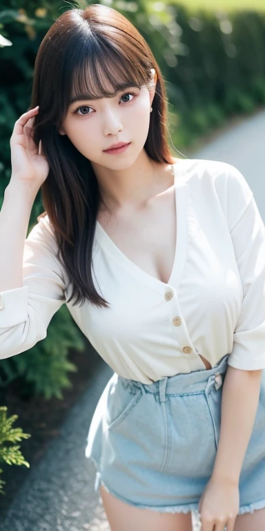 masterpiece, highest quality, 8k, 20th Generation, Big Breasts, cute, alone, sad, cute, Girlish, cute、Delicate girl, Pure beauty, RAW Photos, Professional photography, Portraiture, Soft Light, Professional Lighting, Backlight, Head to knee photo, avert your eyes, Sophisticated, Film Grain, (Round face、Young Face、Thin eyebrows、Thin lips:1.0), Floating Hair, beautiful, Flowing hair, bangs, White gathered blouse、pastel cardigan、(Big Breasts:1.2)、The chest is slightly visible、Nipples are visible through the、Micro Mini Skirt、Voluptuous thighs、dolly make、Heterochromia iridis、Left and right eyes are different colors、Midsummer sky、Cumulonimbus、Summer beach