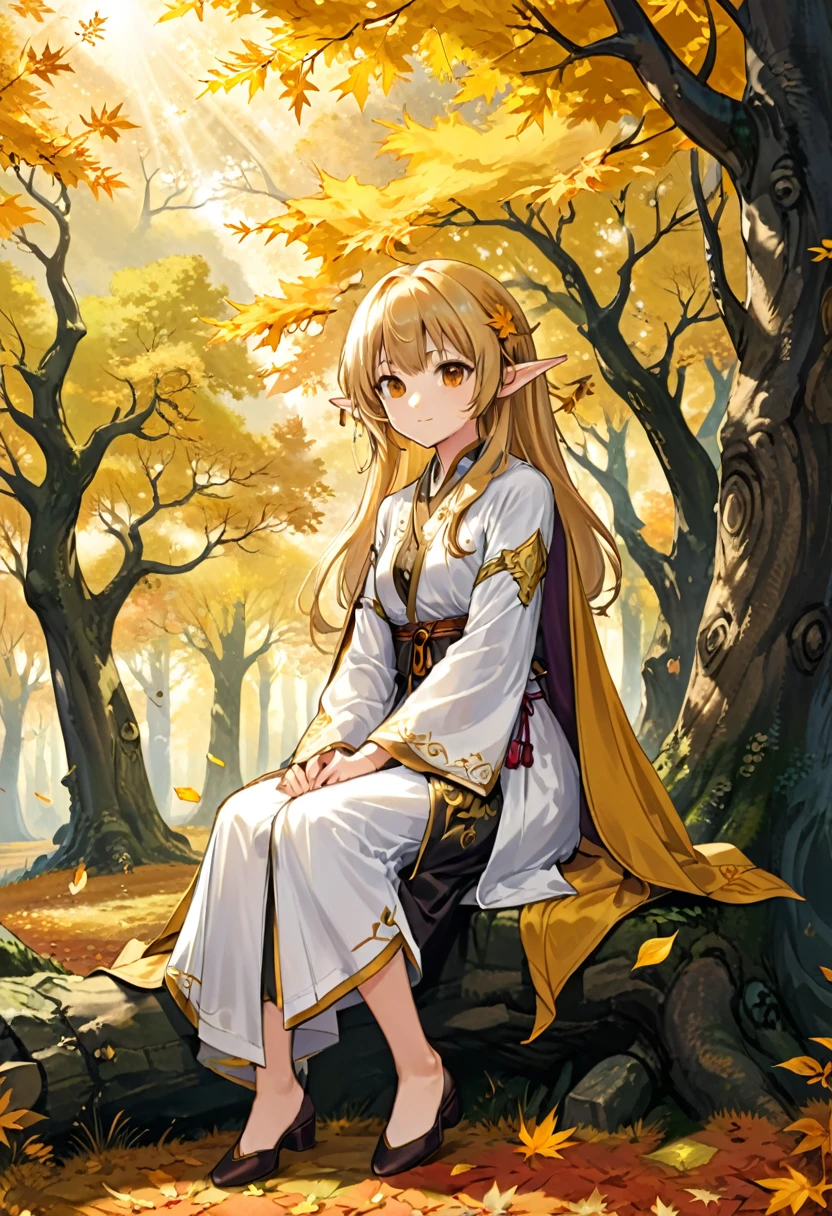 The style is naturalism, with a pointed eared elf sitting under an ancient oak tree, dressed in a robe. Golden autumn leaves slowly fall to the rhythm of the music, with a golden autumn forest in the background and a mid shot
