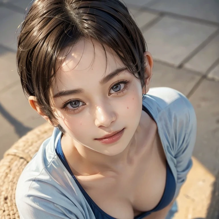 1 girl、(Close-up of face from above:1.4) 、(forward leaning posture:1.2)、(Pixie Cut、Showing his forehead:1.4)、Beautiful face exposed、Watching the audience、Smiling、Plain blue bikini、非常にDetailed eyesと顔, Detailed nose, Detailed eyes, Shiny skin, masterpiece, Ultra-high resolution, 8k, RAW Photo, highest quality, Detailed Shadows, wonderful, Fine details, (Bokeh: 0.5), Beautiful lighting on the face, blue sky