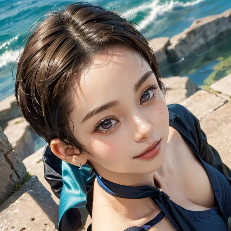 1 girl、(Close-up of face from above:1.4) 、(forward leaning posture:1.2)、(Pixie Cut、Showing his forehead:1.4)、Beautiful face exposed、Watching the audience、Smiling、Plain blue bikini、非常にDetailed eyesと顔, Detailed nose, Detailed eyes, Shiny skin, masterpiece, Ultra-high resolution, 8k, RAW Photo, highest quality, Detailed Shadows, wonderful, Fine details, (Bokeh: 0.5), Beautiful lighting on the face, blue sky