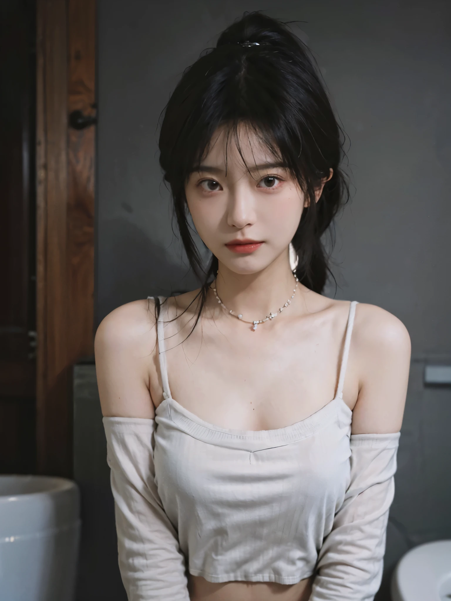 best qualtiy, Ultra-high resolution, (realisticlying:1.4),cute hairpin,1girll,,Cropped black sweater ,Beautiful woman with a slim figure:1.4, Abs:1.1, bathroom,Ultra-fine face,Elaborate Eyes,double eyelid,choker necklace
