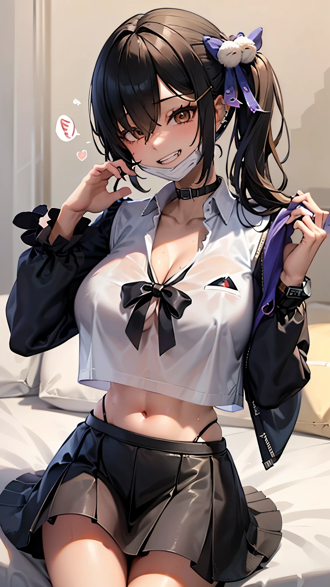 (8k、Best image quality、highest quality、masterpiece)、Detailed face、One Woman、Black Hair、((Side Ponytail))、Blunt bangs hide one eye、short hair、Wavy Hair、Grey Eyes、Tons of piercings、Wicked Smile、Grin、mask_Pull、Super big boobs、Big cleavage、((White shirt))、black pleated mini skirt、jirai kei make up、Cowboy Shot、(A lot of heartfelt voices:1.6, Lots of spoken words:1.6, steam:1.5, sweat, Japanese love hotel bedroom、Lie on the bed、Cute pose)、Mature adult woman、Eight-headed beauty、