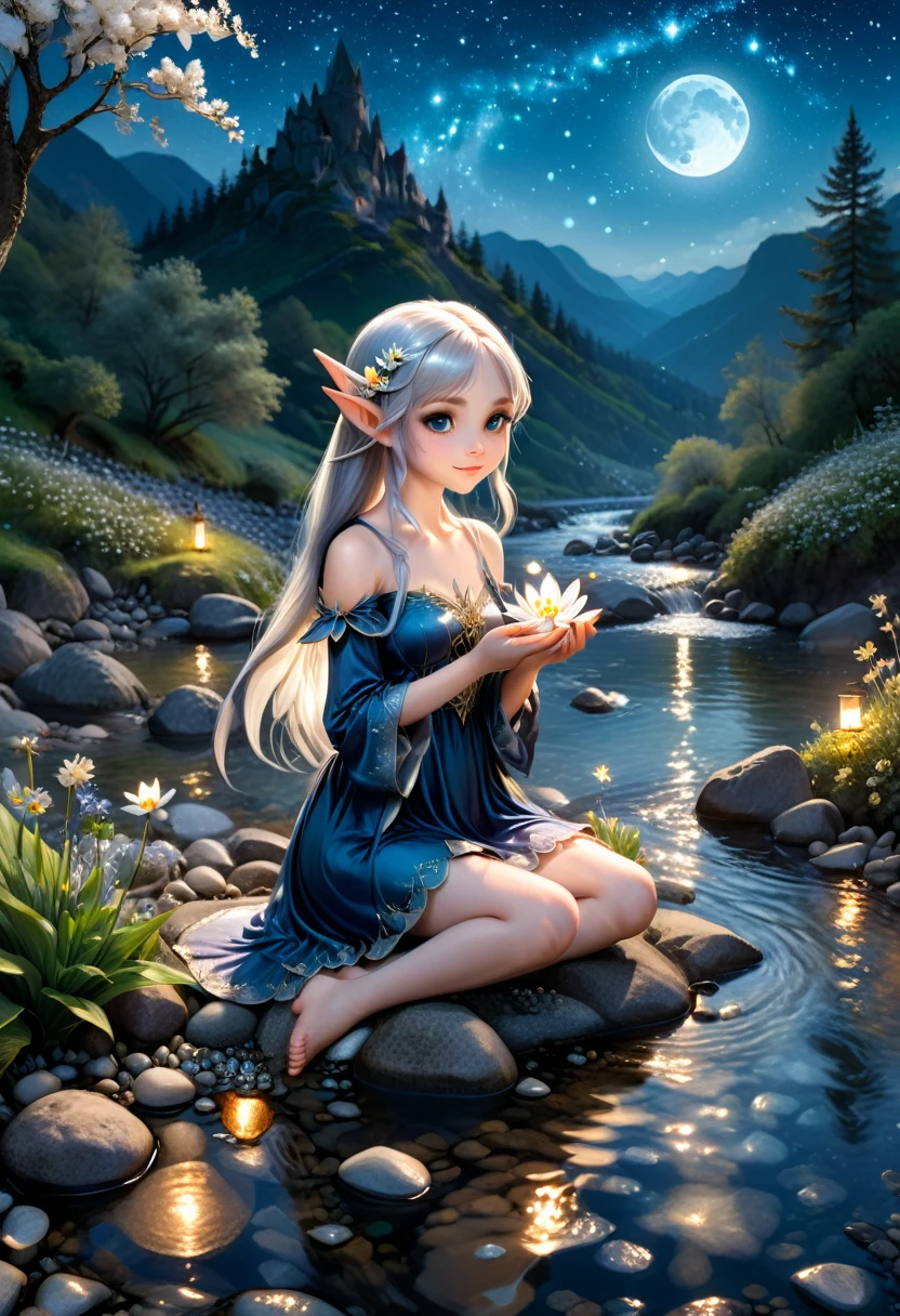 The style is fantastical. The pointed eared elf sits on the pebbles by the stream, holding a bundle of shimmering nocturnal flowers in her hand. Her blue dress sways gently in the wind, and the silver moonlight covers the entire scene. The background is a clear stream and the sky is full of stars, and the camera is a panoramic view