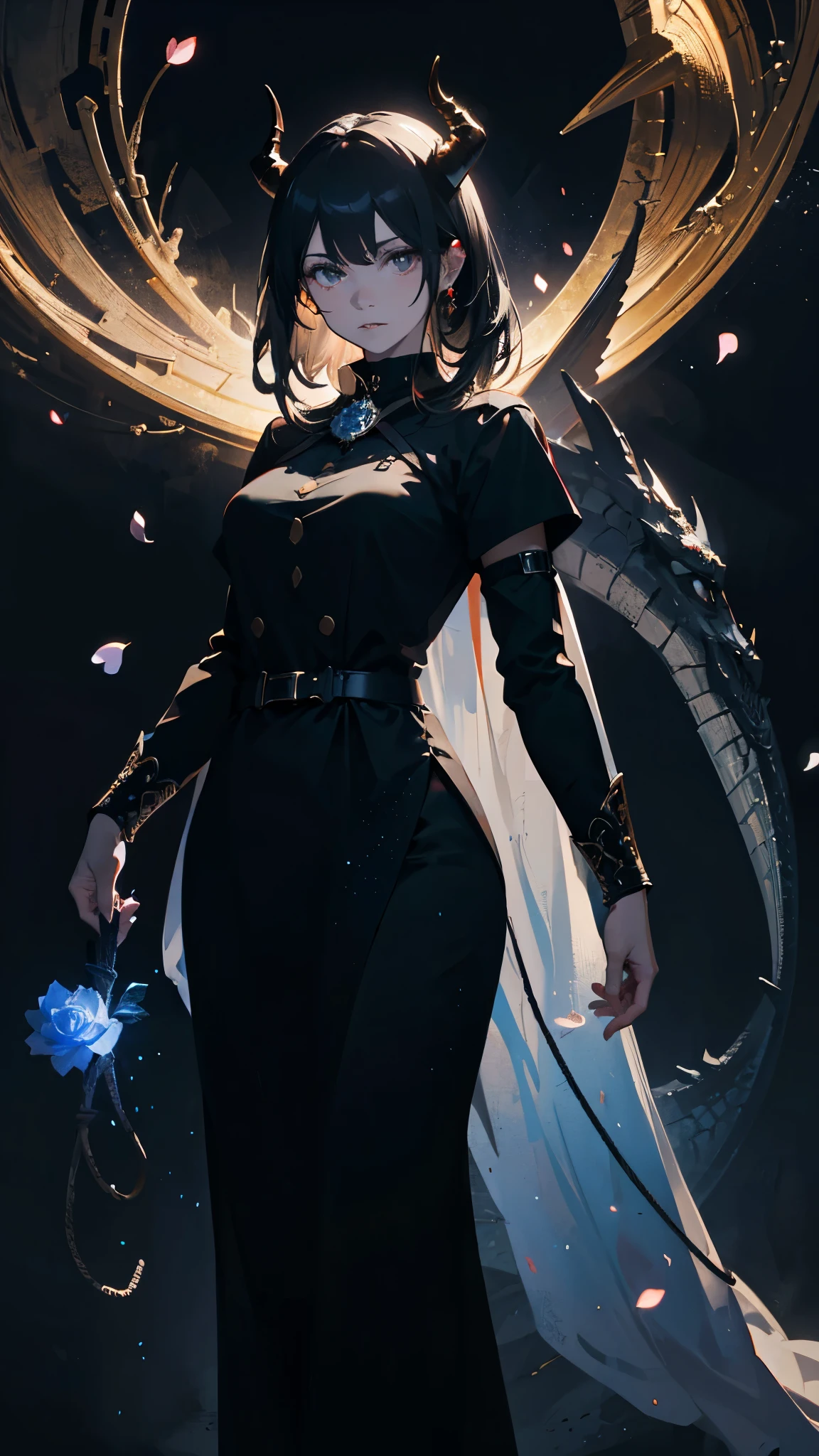Seven Rhaeyar (Deylta), Ancient Star goddess, Perfect female anatomy (Royal, Adult Female, 166cm in height, pale skin, slim, slender, 34D breast size, She has long Black Hair, Her eyes are gray, a set of black colored horns on her head), Neutral facial expression, Elegant black uniform dress, female choker accessory, dragon motifs, silver and rope accessories, Simple Black Background, receiving light from the front, Ethereal glow, Blue rose petals