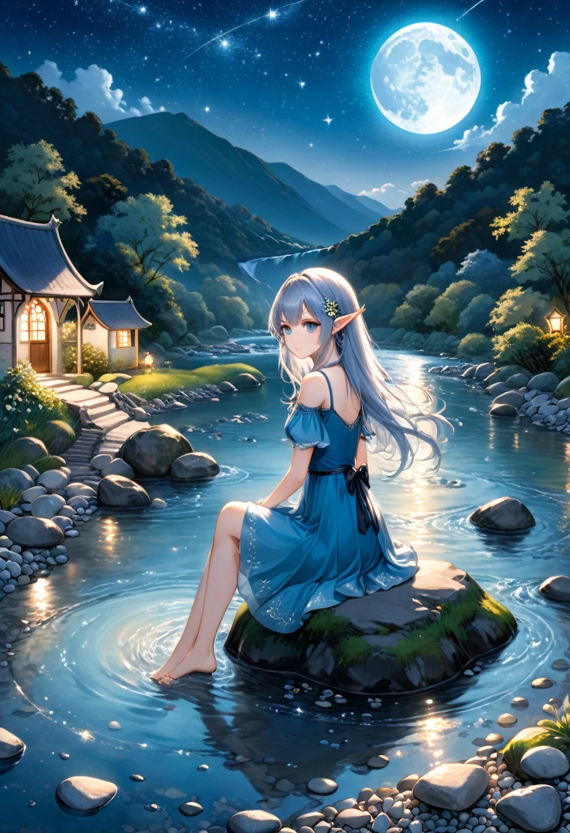 The style is fantastical, with a pointed ear elf sitting on the pebbles by the stream. Her blue dress sways gently in the wind, and the silver moonlight covers the entire scene. The background is a clear stream and the sky is full of stars, and the camera is a panoramic view