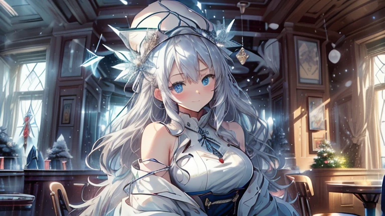 top-quality、Top image quality、masterpiece、teens girl((white longcoat、Blue tank top、black trousers、Santa's Hat、18year old、 Ager、Best Bust、big bast,Beautiful light blue eyes, Long silver hair、A slender,Large valleys、dye one's cheeks red、White breath、Reflecting the whole body、jamping、reaching out her hands、dye one's cheeks red、A slight smil、sit a chair、A slight smil、Visit、Shining eyes、Leaning forward)),hiquality、Beautiful Art、Background with(( Calm cafe at night、Counter seats、Hot coffee、chocolate cake、snowflakes falling、Heavy snow falls、snowman、 A world where snow piles up、Christmas tree、Crystal Tower)))、masutepiece、depth of fields,