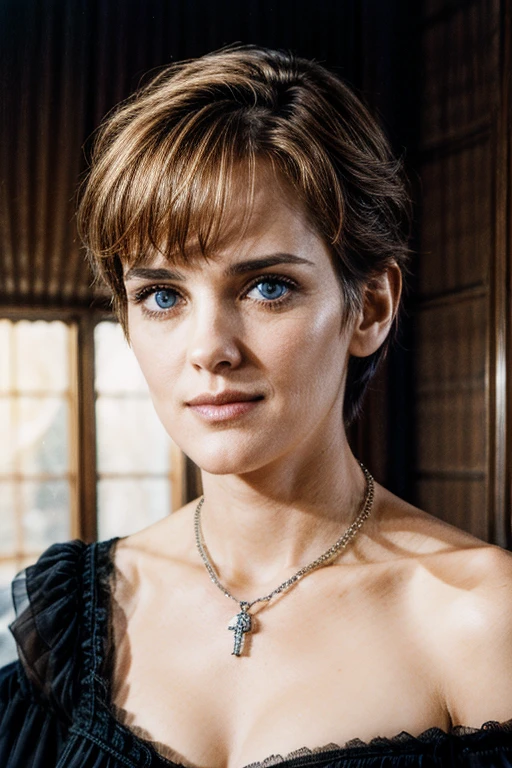 close-up professional photo of an attractive woman, looking upward at viewer, circa 1880s, industrial revolution era, madonna, winona ryder, blue eyes, short hair, f/1.4 aperture, gaussian blur, 4k ultra-hd, cinematic, jewelry, necklace, off-shoulder black dress, cleavage, dim lighting, film grain, movie still, movie screenshot