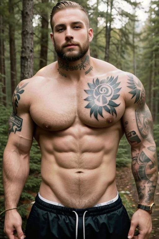 ((best quality)), ((masterpiece)), (detailed),male, perfect face,blonde beard, tattooed, ripped, army officer, showcasing perfect biceps, veins popping, sweaty muscles, Bodybuilder size,perfect sixpack abs, broad strong chest, wearing army camo pants, wearing a unbuttoned camo shirt, showcasing a coverd body in highly detailed tattoos, huge muscles, tattooes covering his body, sexy aura, strong and protective, has to keep you save, forest in the background, lustfull eyes, looking you closely in the eyes hungry for love, tattoos on his arms belly and chest, 140kg of pure muscle, no body hair