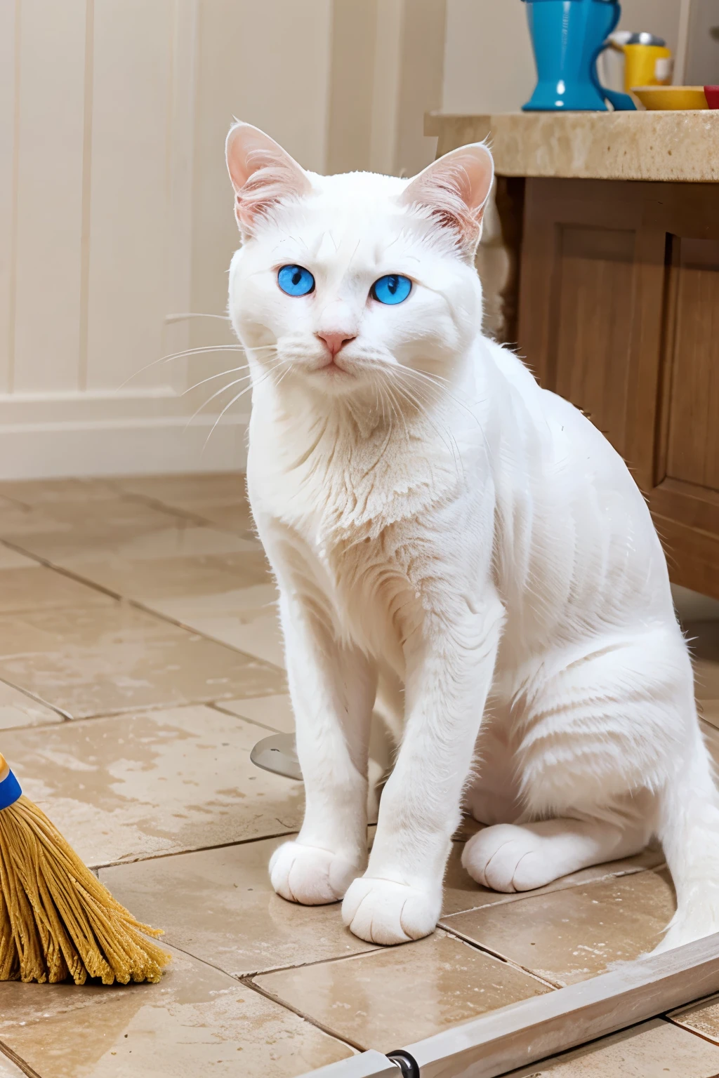 A white cat with a broom and blue eyes