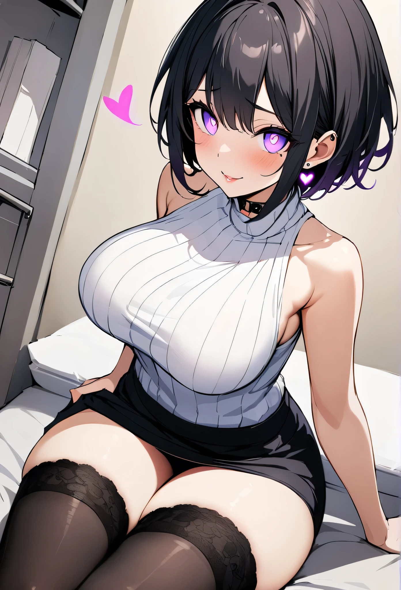 {lady with shoulder-length black hair named Rico}, business suits,tall,''short hair,lovestruck,grossy lips, (It feels like saying Hello, daytime hours), indoor,{going out style}, ((Heart-shaped choker) ), (office room), Bright background,purple eyes, Mole under the eye, Heart-shaped purpils, ((Masterpiece)), Highly detailed CG Unity 8k wallpaper), Top quality,, Detailed background, beautifully detailed eyes, heart shaped pupils,hollow eyes, looking at viewer,(very delicate and beautiful)), ((beautiful) eyes (detailed description),extra large breasts, ,floating heart,sadistic smile,growing eyes,try to show me legs,sitting,black lace,shirts,earring,from ,stick out ass,tight skirt,thighhigh,put hands on skirt,glowing eyes,,garter,no sleeve,summer sweater,masterpiece,turtleneck