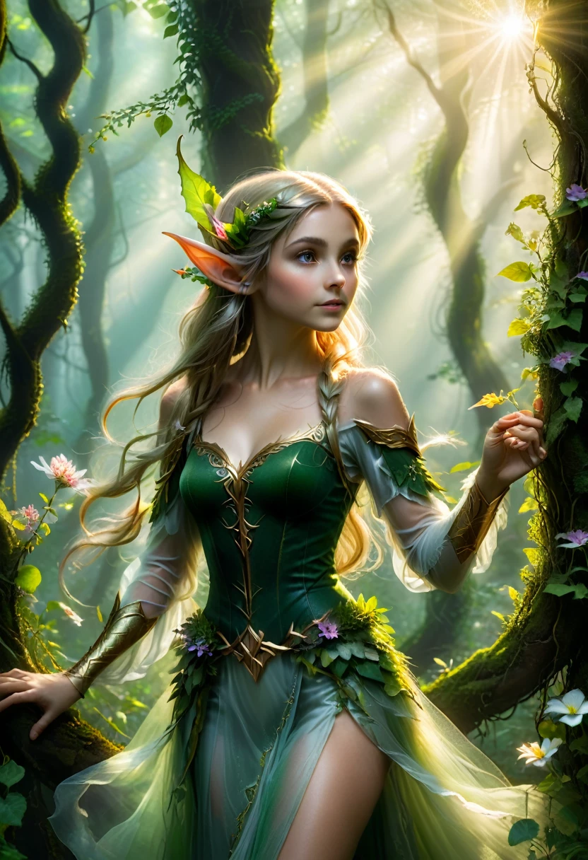 The style is naturalism. In the early morning forest, a sharp eared elf dances in the mist, with sunlight shining on her through the treetops and flowers and vines gently wrapping around her hair. The main subject of the picture is the elf in the forest, and the background is the forest in the early morning mist. The camera is in the middle shot