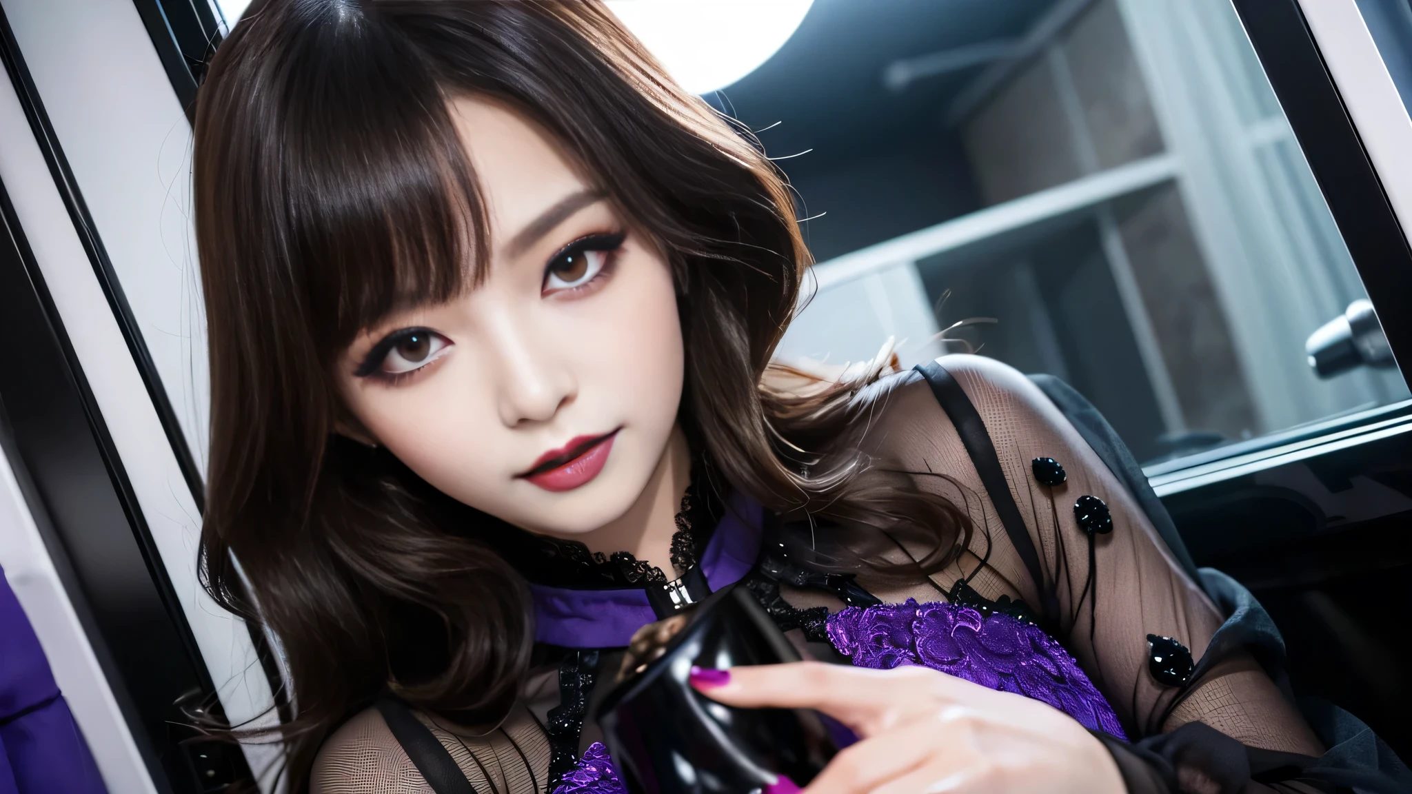 best quality、ultra-detailed、4k、Japanese、Seductive beauty、seductive adult woman、Pretty Woman、cool girl、Villainess、Brainwashed、brainwash、Fallen into evil、smirk、Evil look、Wicked Smile、evil、Brown hair、wavy hair、swept bangs、dark makeup、dark makeup、piercing eyes、hollow eyes,half-closed eyes、Hollow Eyes、purple Eyeshadow、black lipstick、black lipglos、Lace fabric、blue party dress、Wide sleeves、flare skirt、stockings、spiderweb pantyhose、night、inside darkroom、Are standing、shoot from below、Make up、Hold a small makeup brush、Swear allegiance、I have pledged my allegiance、Seduce、Evil female executive、Female Combatant