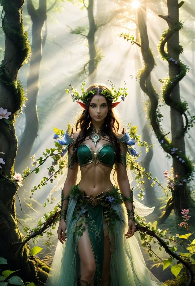 In the early morning forest, a sharp eared elf is in the mist. The sunlight shines through the treetops on her body, and flower vines gently wrap around her hair. The main subject of the picture is the elf in the forest, with the background being the forest in the early morning mist. The camera is in the middle shot