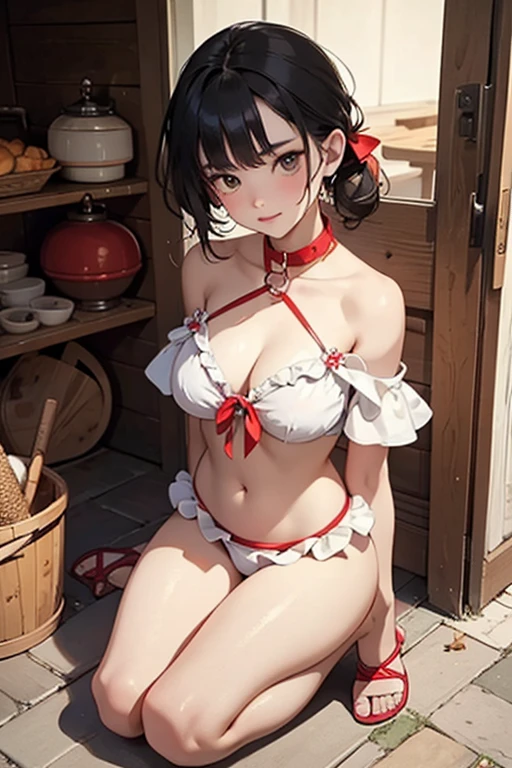 ((Masterpiece)), ((Best quality)), (perfect face), Young, nubile girl, obedient expression, hands behind back, tagged ear, wearing off shoulder 1 piece swimsuit, wearing open cup breast swimsuit, wearing open back 1 piece swimsuit, wearing ruffle 1 piece swimsuit, wearing red and white swimsuit, wearing collar and leash, leashed to a crate, for sale, kneeling at a man's feet, in a Caribbean market