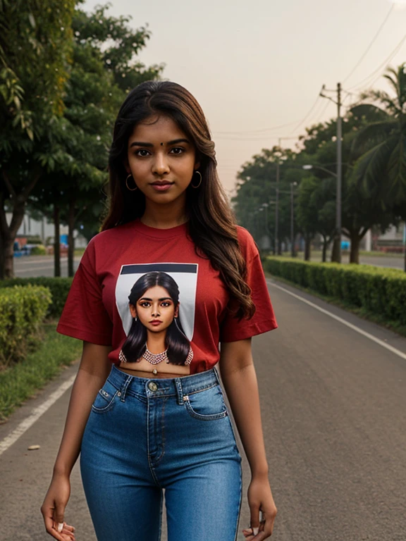 14 year old Tamil girl, indian city road side, evening sky, bossy sassy photoshoot, (wearing expensive red printed designer t-shirt, long black jeans pant ), (intricate detailing of face eyes nose mouth full lips & body parts), textured skin, smile:0.6, eyes symmetry, face symmetry, 256K, HDR, hyper realistic, intricate detailing, yotta-pixel image, yocto-pixel detailing