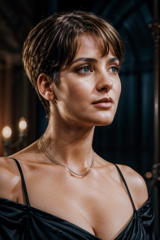 close-up professional photo of an attractive woman, looking upward at viewer, circa 1880s, industrial revolution era, short hair, f/1.4 aperture, gaussian blur, 4k ultra-hd, cinematic, jewelry, necklace, off-shoulder black dress, cleavage, dim lighting, film grain, movie still, movie screenshot