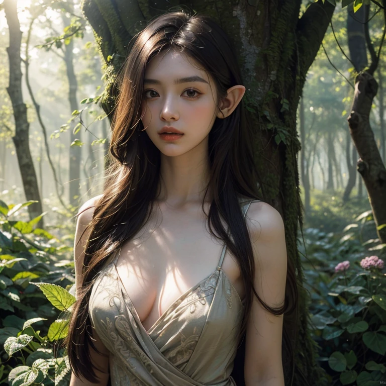 In the early morning forest, a sharp eared elf is in the mist. The sunlight shines through the treetops on her body, and flower vines gently wrap around her hair. The main subject of the picture is the elf in the forest, with the background being the forest in the early morning mist. The camera is in the middle shot, (masterpiece, best quality, Professional, perfect composition, very aesthetic, absurdres, ultra-detailed, intricate details:1.3)