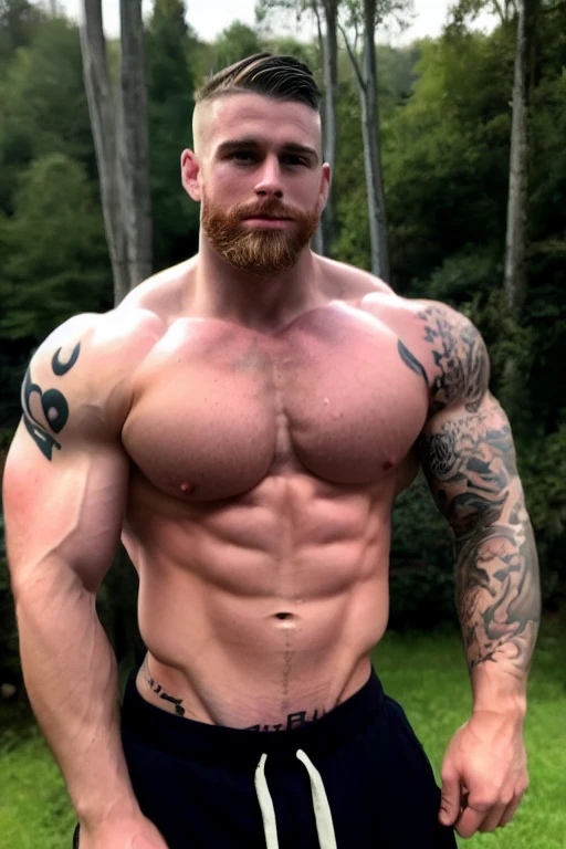 ((best quality)), ((masterpiece)), (detailed),male, perfect face,blonde beard, tattooed, ripped, army officer, showcasing perfect biceps, veins popping, sweaty muscles, Bodybuilder size,perfect sixpack abs, broad strong chest, wearing army camo pants, wearing a unbuttoned camo shirt, showcasing a coverd body in highly detailed tattoos, huge muscles, tattooes covering his body, sexy aura, strong and protective, has to keep you save, forest in the background, lustfull eyes, looking you closely in the eyes hungry for love, tattoos on his arms belly and chest, 140kg of pure muscle, no body hair