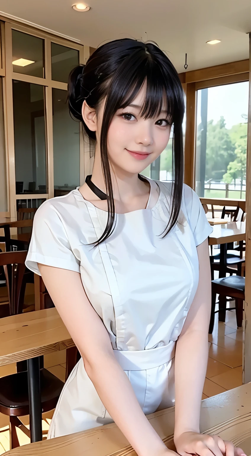 (highest quality,masterpiece:1.3,Ultra-high resolution,),(Very detailed,Caustics),(Photorealistic:1.4,RAW shooting,)Ultra-Realistic Capture,Very detailed,High resolution 16K human skin closeup。 Natural skin texture、,Pores、、、、It must be detailed enough to be easily identifiable。 Skin tone is even and healthy looking。 Use natural light and color,restaurant,Waitress Uniform,1 girl,Japanese,18-year-old,cute,Black-haired,ponytail,Big Breasts,smile,Turn your body forward,(Front view:1.1),Looking at the camera,Cowboy Shot,