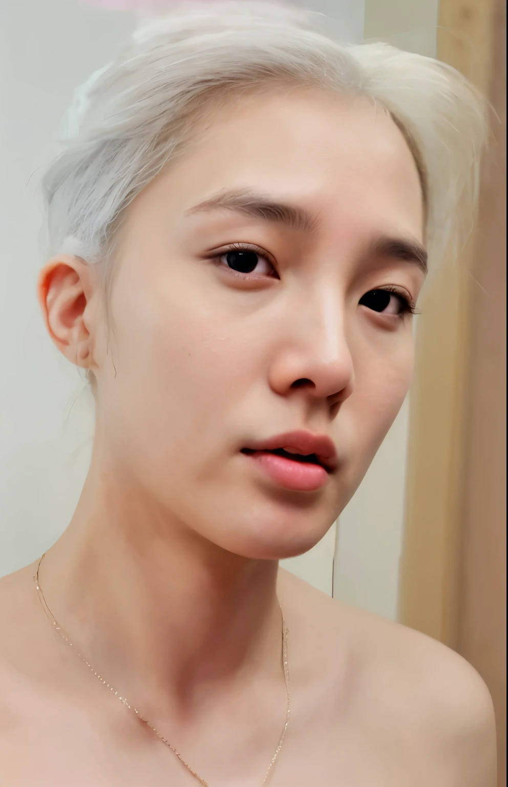Hoseok Jung, cabello rojo como la sangre, cabello chino, cabello corto, ojos normales en corea, ojos color rojo sangre, labios carnosos