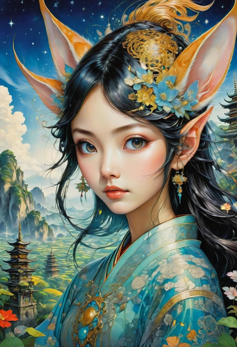 (Elf, Pointed Ears:1.4), detailed background, by Chiho Aoshima, best quality, masterpiece, very aesthetic, perfect composition, intricate details, ultra-detailed