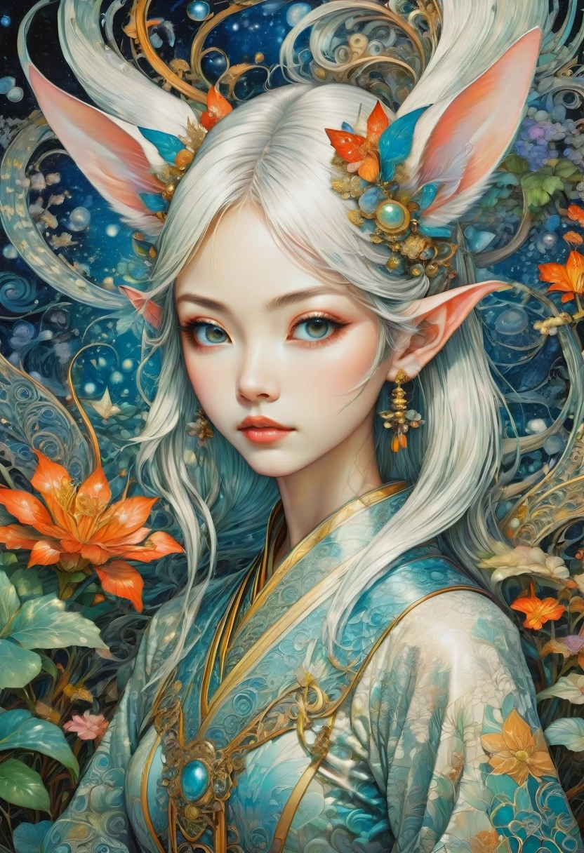 (Elf, Pointed Ears:1.4), detailed background, by Chiho Aoshima, best quality, masterpiece, very aesthetic, perfect composition, intricate details, ultra-detailed