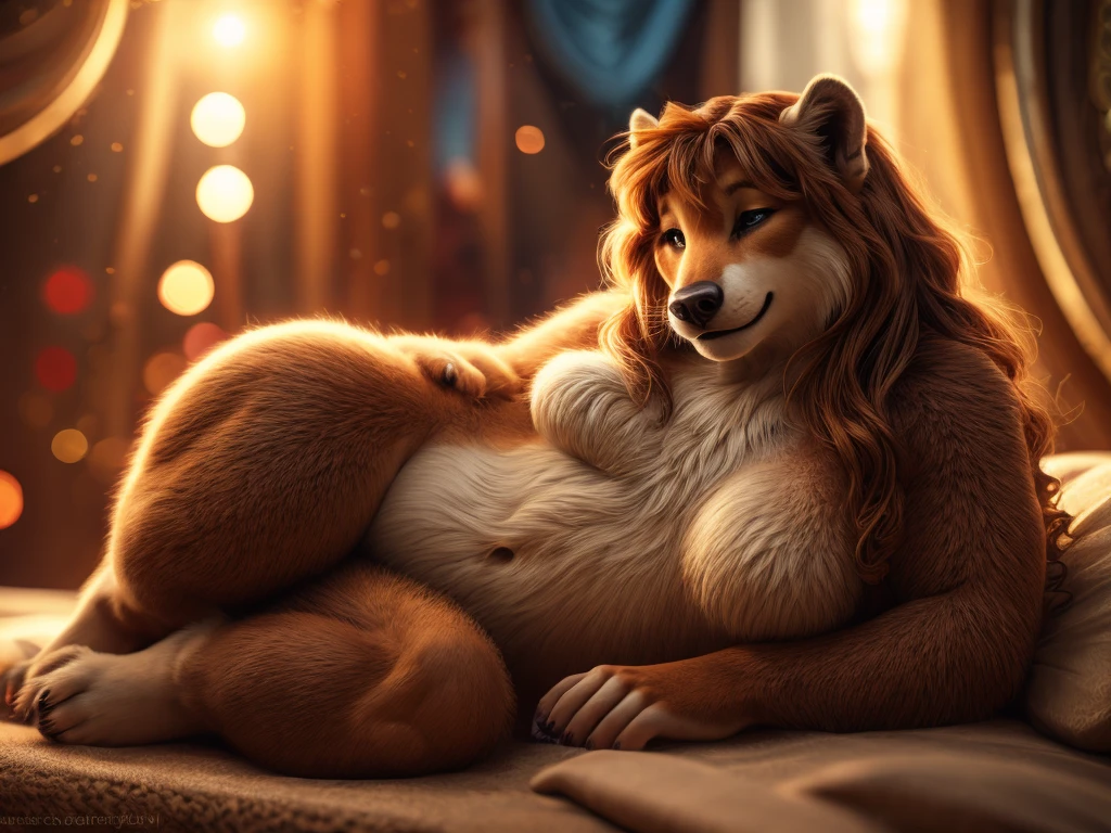 (Mucha style) , Bokeh , naked Photo session advertisement , Hallucination, Squirting milk from rectum , realistic hairy fur , curvy body female , in the bedroom
