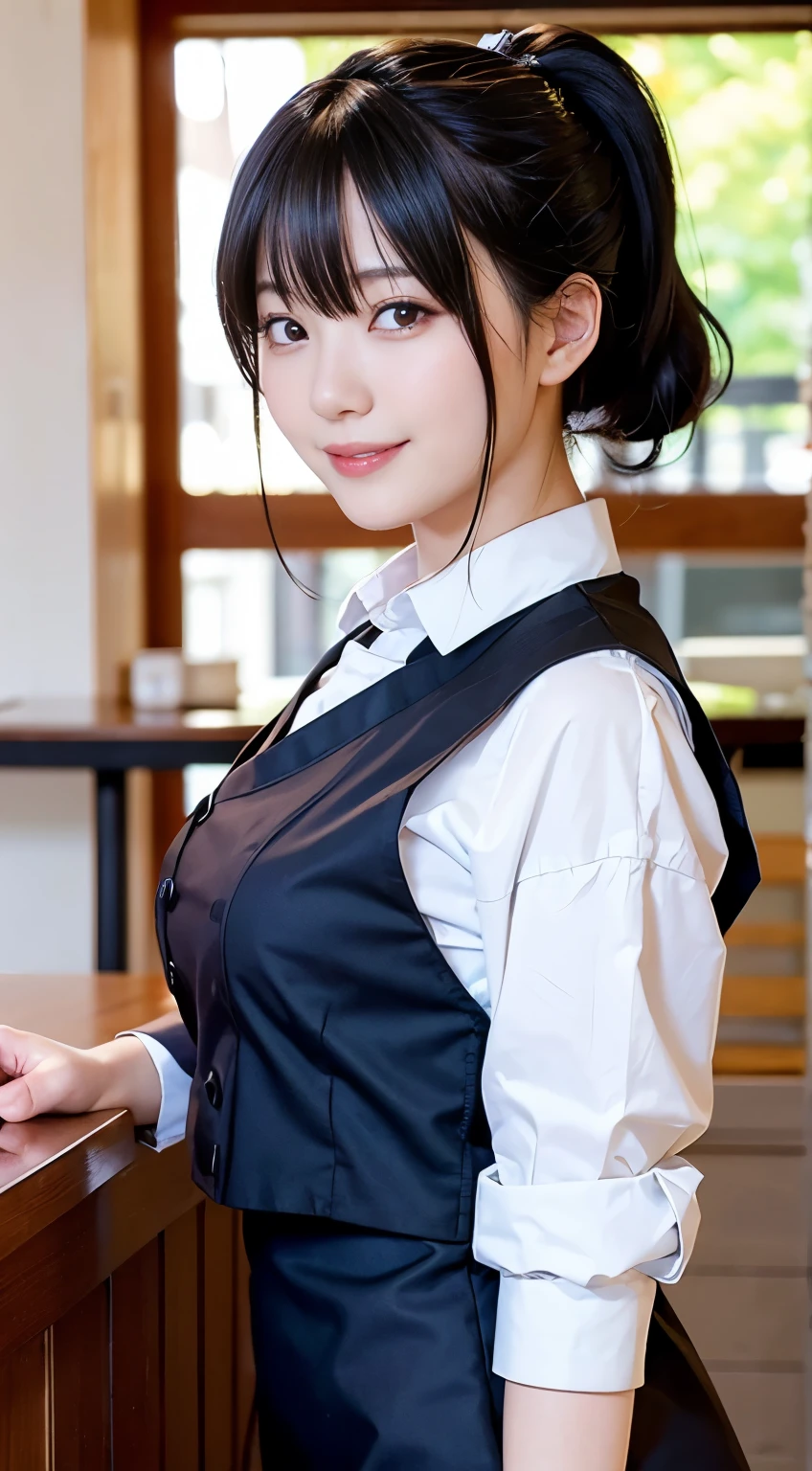 (highest quality,masterpiece:1.3,Ultra-high resolution,),(Very detailed,Caustics),(Photorealistic:1.4,RAW shooting,)Ultra-Realistic Capture,Very detailed,High resolution 16K human skin closeup。 Natural skin texture、,Pores、、、、It must be detailed enough to be easily identifiable。 Skin tone is even and healthy looking。 Use natural light and color,restaurant,Waitress Uniform,1 girl,Japanese,18-year-old,cute,Black-haired,ponytail,Big Breasts,smile,Turn your body forward,(Front view:1.1),Looking at the camera,Cowboy Shot,