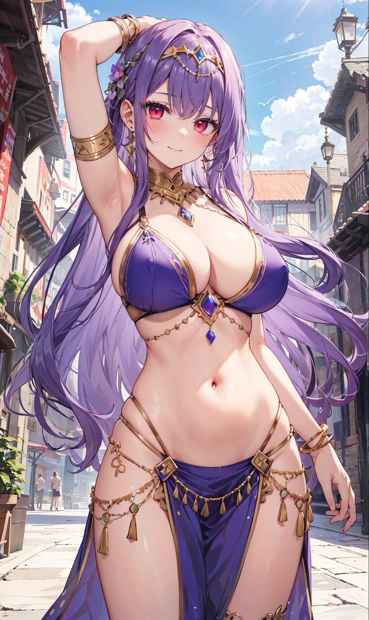 high quality, ultra detailed, best quality, insanely detailed, beautiful, masterpiece, 1girl, medieval plaza, cowboy shot, red eyes, long hair, purple hair, belly dancer, circlet, earrings, armlets, bracelets, bashful smile, large breasts, cleavage, soft stomach