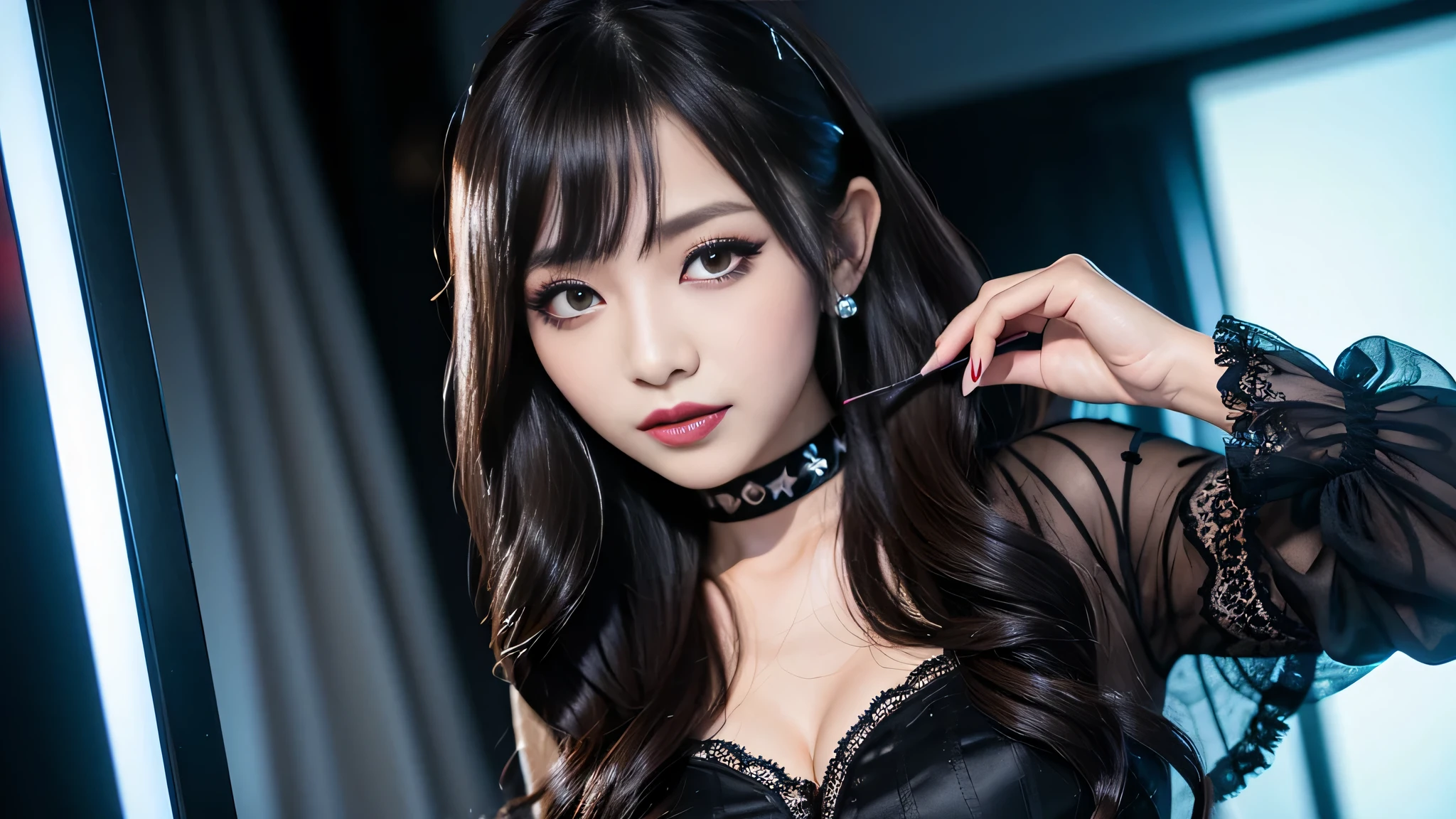 best quality、ultra-detailed、4k、Japanese、Seductive beauty、seductive adult woman、Pretty Woman、cool girl、Villainess、Brainwashed、brainwash、Fallen into evil、smirk、Evil look、Wicked Smile、evil、Brown hair、wavy hair、swept bangs、dark makeup、dark makeup、piercing eyes、hollow eyes,half-closed eyes、Hollow Eyes、purple Eyeshadow、black lipstick、black lipglos、Lace fabric、blue party dress、Wide sleeves、flare skirt、stockings、spiderweb pantyhose、night、inside darkroom、Are standing、shoot from below、Make up、Hold a small makeup brush、Swear allegiance、I have pledged my allegiance、Seduce、Evil female executive、Female Combatant